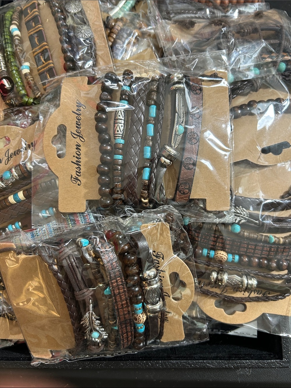 Set of Brown Leather & Turquoise Bead Stackable Bracelets
